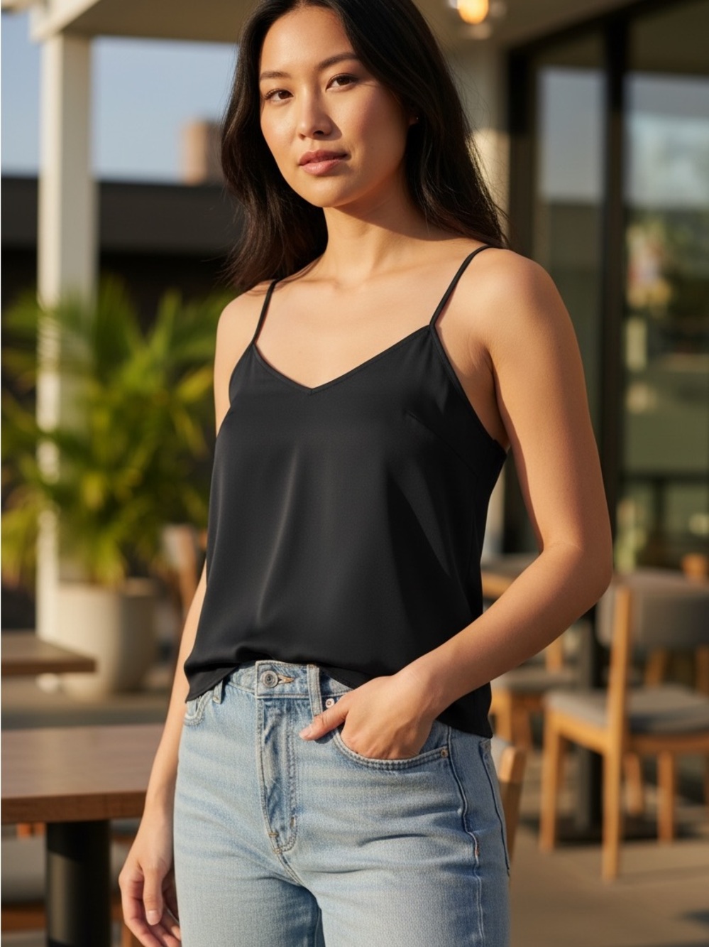 Elegant Black V-Neck Spaghetti Strap Tank Top
